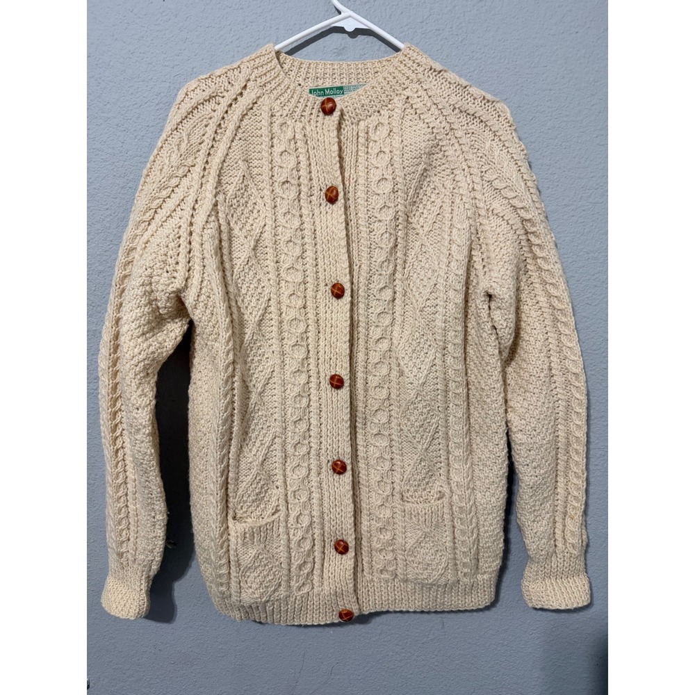 Vintag 70s John Molloy Donegal Irish Wool Aran Cable Knit Cardigan Sweater Cream